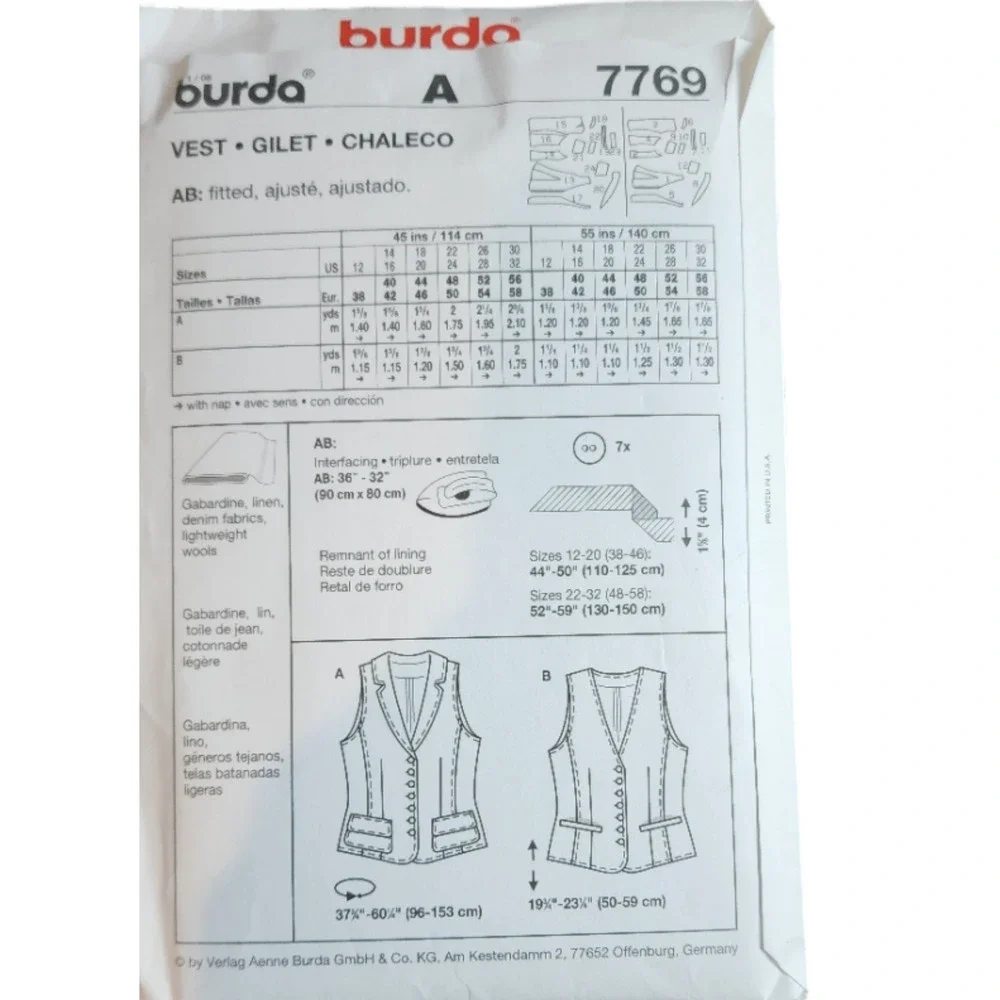 BURDA 7769 WAISTCOAT VEST Women Plus Size Sewing Pattern 12-32 Uncut Avg Skill